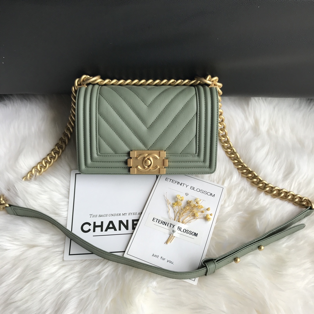 Caviar Small Boy Handbag Flap Bag A67085 Agate Green/Gold